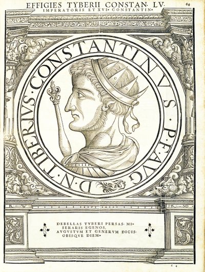 Tyberius Constantinus, Illustration aus Imperatorum romanorum omnium orientalium et occidentalium verissimae imagines ex antiquis numismatis, Holzschnitt von Rudolph Wyssenbach, gedruckt von Andreas Gesner von Hans Rudolf Manuel Deutsch